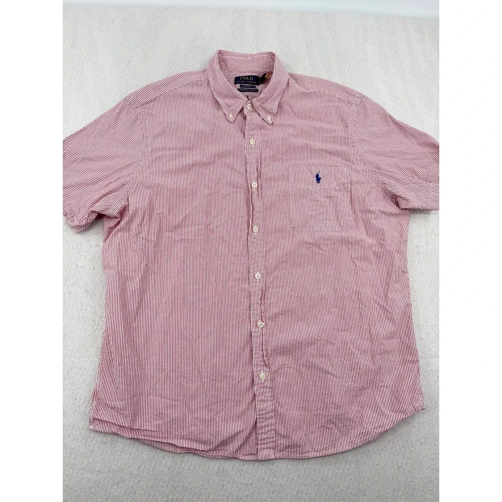 Polo Ralph Lauren Mens XL Untucked Fit Short Sleeve Button Down Red Striped